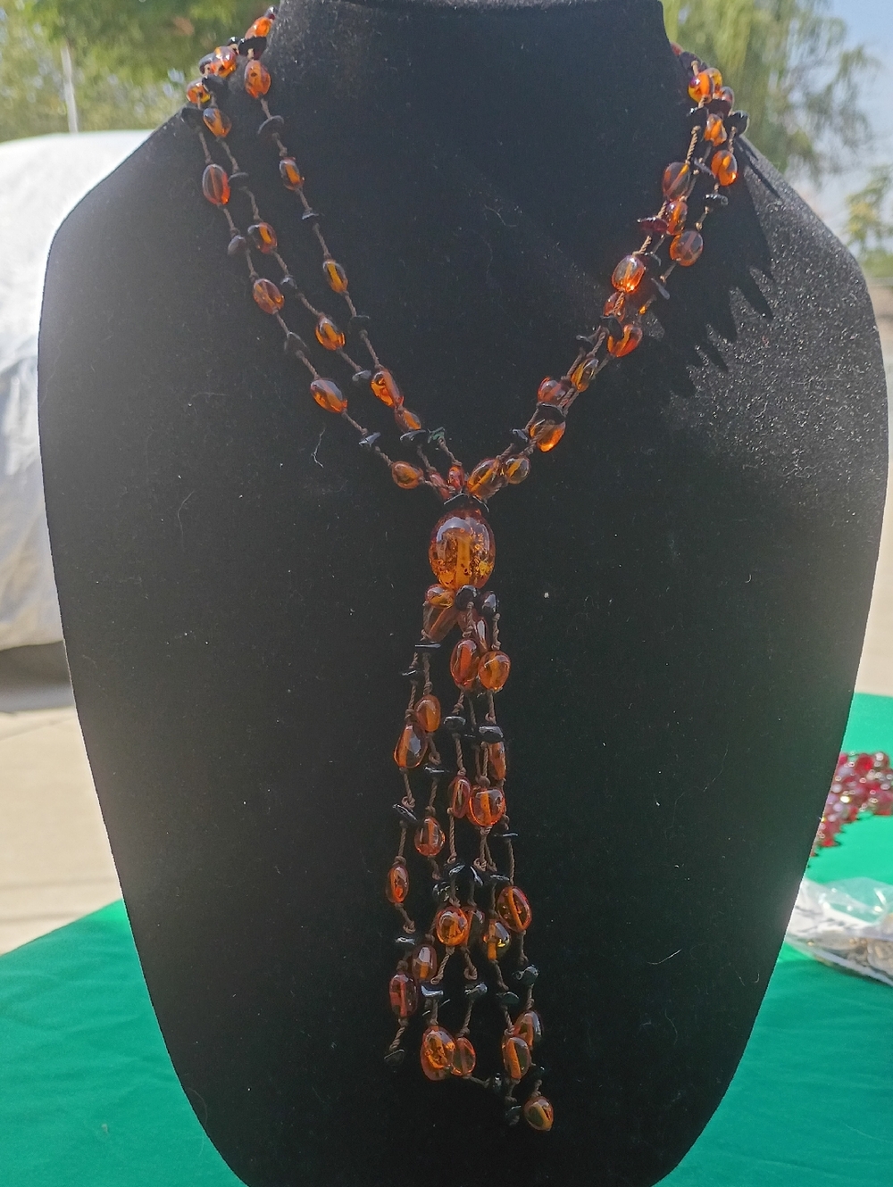 Amber Bead Tassel Necklace - Brown Amber Style